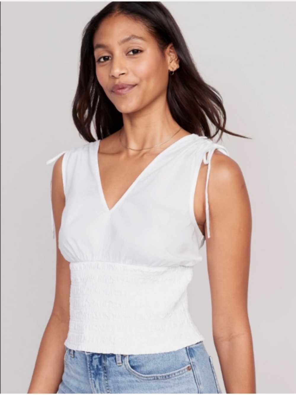 White Cottagecore Prairie Fitted Sleeveless V-Neck Tie-Shoulder Smocked Top